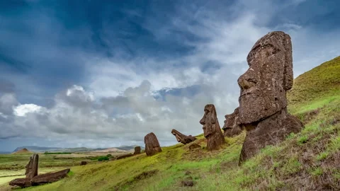 Time-lapse of Moai statues at Rano Raraku Volcano at Easter Island, Chile. Stock Footage 145775815
