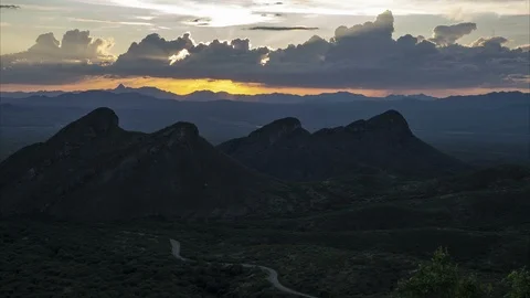 Time lapse of a monsoon sunset behind jagged desert peaks Stock Footage 113801001