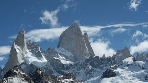 Time Lapse of Monte Fitz Roy with a Blue Sky and Clouds Stock Footage 89681893