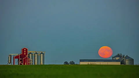 Time-lapse of the moon rising behind wheat silos at a rural farm, clear sky Vídeo Stock 289608415