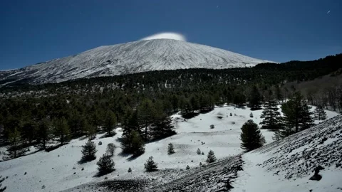 Time lapse moonlight landscape Sicily nature white clouds moving Etna Mount snow Vídeos de archivo 147557446