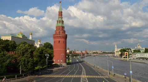 Time-lapse Moscow Kremlin with fast moving dramatic clouds. Moscow river cruise. Stock Footage 68802005