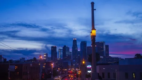 Time-lapse in motion ( hyperlapse ) of downtown city of Los Angeles at twilight Stock Footage 89460698