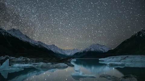 Time lapse: mount cook Tasman lake with moving blue icebergs, milky way Stock Footage 140716771