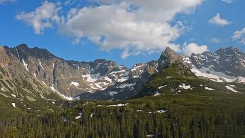 Time lapse of mountain range party covered with snow and coniferous forest Stock Footage 121551726