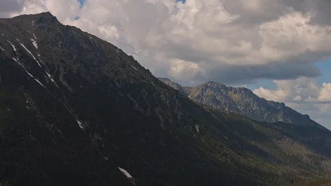 Time lapse of mountain range Tatry peaks and slopes party covered with snow Stock Footage
