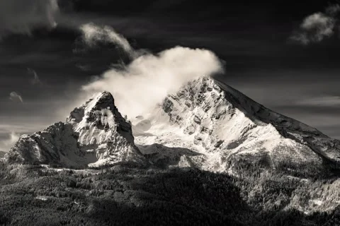 Time lapse Mountain watzmann in dramatic light black and white winter 2020 Stock Footage 138890158