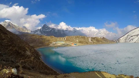 Time lapse of moving clouds above Gokyo Third Lake Stock Footage 125388276