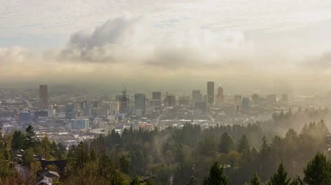 Time Lapse of Moving Clouds and Low Fog over Downtown City of Portland Oregon Stock Footage 45445582