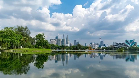 Time lapse of moving clouds over lake Titiwangsa at Kuala Lumpur, Malaysia Stock Footage 87895349