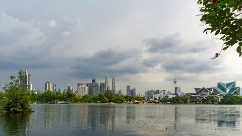 Time lapse of moving clouds over lake Titiwangsa at Kuala Lumpur, Malaysia. Stock Footage 87897431