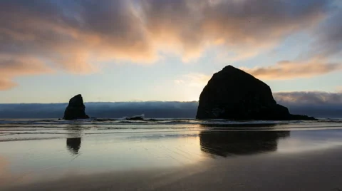 Time Lapse of Moving Clouds at Sunset on Cannon Beach along Oregon Coast 1080p Stock Footage 40704883