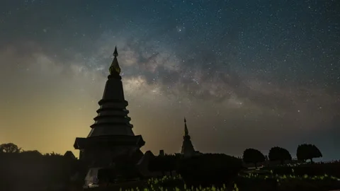 Time lapse of moving Milky Way and stars at Phra Mahathat monuments Stock Footage 234614643
