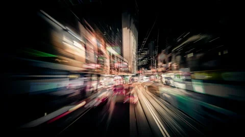 Time lapse moving through modern night city street with skyscrapers. Hong Kong Stock Footage 56390123