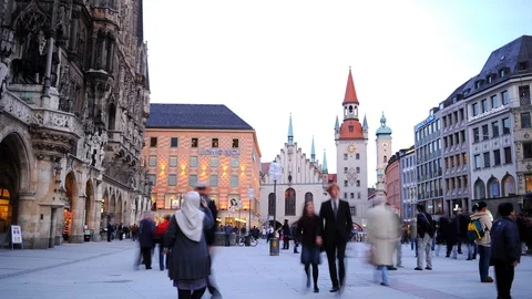 Time Lapse of Munich Buildings with Crowd of Tourists People in Marienplatz Dusk Stock Footage 106436329