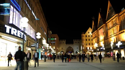 Time Lapse of Munich Crowd of Shoppers People on Shopping Street Market Night Stock-Footage 106436462