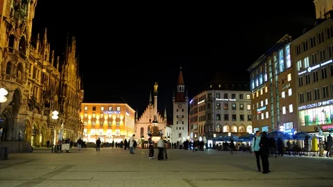 Time Lapse of Munich Crowd of Tourists People Visit Marienplatz Landmark Night Stock Footage 98920931