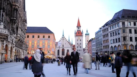 Time Lapse of Munich Landmark with Crowd of Visitors People in Marienplatz Dusk Stock Footage 109281027