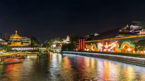 Time Lapse of Nanjing Confucius Temple scenic region and Qinhuai River at night, Stock Footage 78145053