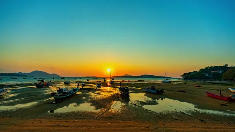 Time lapse Nature Sunset Background with Boats and Island Horizon Stock Footage 340244879