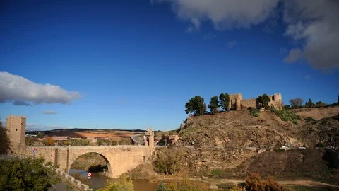 Time Lapse of New Castle and Alcantara Bridge in Toledo Medieval Spain Landmark Video stock 99390423