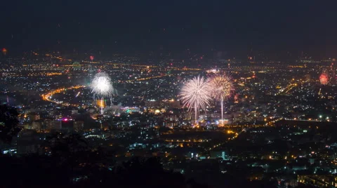 Time Lapse New Year Celebration Fireworks Over CityScape Of Chiang Mai, Thailand Stock Footage 45705010