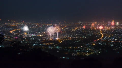Time Lapse New Year Celebration Fireworks Over CityScape Of Chiang Mai, Thailand Stock Footage 45853965