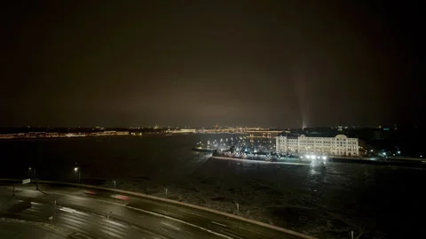 Time lapse of night and dawn. View of the cruiser Aurora in winter.High quality Видео 255729281