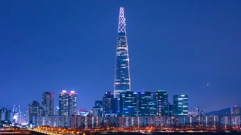 Time Lapse at night  with Lotte tower in Seoul  South Korea Stock Footage 104783284