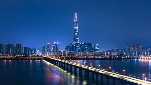 Time Lapse at night  with Lotte tower in Seoul  South Korea Stock Footage 104783363