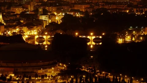 Time lapse Night shot of illuminated brigde in Logroño, La Rioja, Spain Stock Footage 98047402