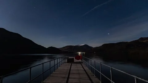 A time lapse of the night sky over a jetty on Ullswater in the English Lake.. Stock Footage 284013376