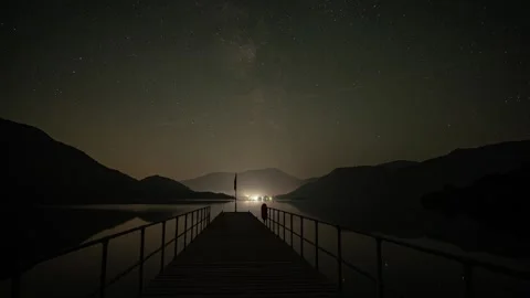 A time lapse of the night sky over a jetty on Ullswater in the English Lake.. Stock Footage 284013464