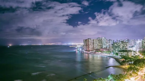 Time Lapse - Night Skyline of Waikiki Beach , Honolulu, Oahu, Hawaii Stock Footage 65919829