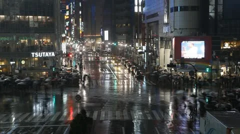 Time Lapse Night Tokyo Crowd People Busy Crowded Street Rainfall Rain Rainstorm Stock Footage 12422966