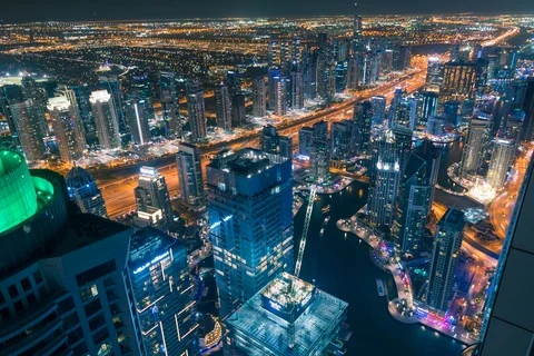 Time lapse at night from top view overlook Sheikh Zayed road and Dubai Marina. Stock Footage 125140879