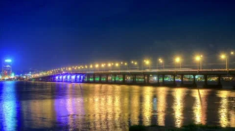 Time lapse night traffic on the bridge over the Dnieper River. Stock Footage 11334272