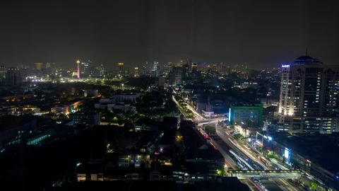 Time Lapse Night Traffic Light Trail In Urban City Of Jakarta, Indonesia.  Video stock 95951852