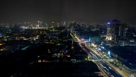 Time Lapse Night Traffic Light Trail In Urban City Of Jakarta, Indonesia. Video stock 95952207