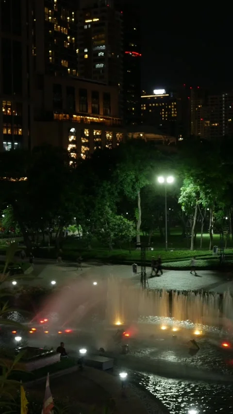 Time Lapse Night View of Benjasiri Park with Colorful Fountain and People Stock Footage 339067548