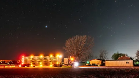 Time lapse of night view in big parking lot where stay and rest truck drivers. Stock Footage 237631333