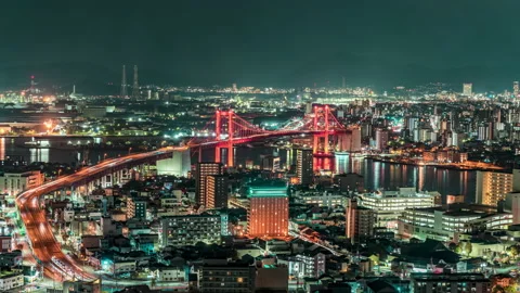 Time lapse night view cityscape Wakato bridge at Kitakyushu Fukuoka 스톡 동영상 228340084