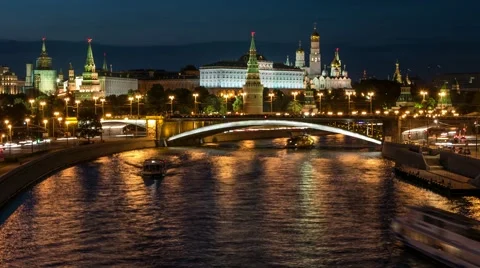 Time lapse of the night view to the Kremlin, Big Stone Bridge, Moscow River with Stock Footage 53246686