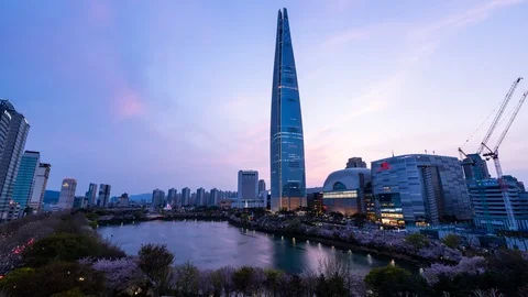Time lapse Night view of Lotte World Tower and Seokchon lake park in Spring. Stock Footage 107373450