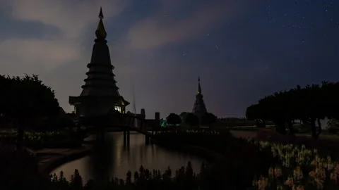 Time lapse night view of moving stars at Phra Mahathat on Doi Inthanon Stock Footage 234129701