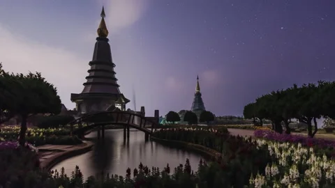Time lapse night view of moving stars at Phra Mahathat on Doi Inthanon Stock Footage 234129750