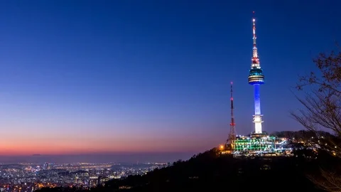 Time lapse Night view N Seoul tower and Seoul city. Stock Footage 82948033
