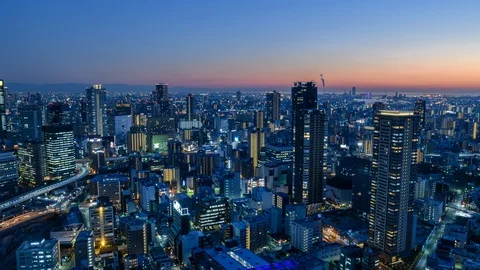 Time-lapse night view of Osaka skyline from Umeda Sky building observatory Stock Footage 127613746