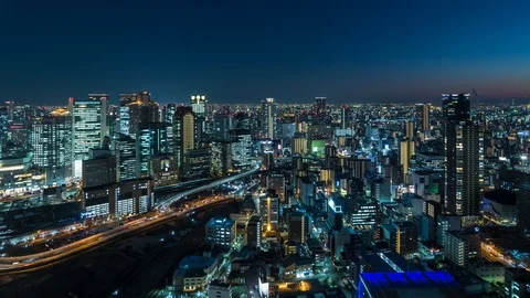 Time-lapse night view of Osaka skyline from Umeda Sky building observatory Stock Footage 127613756