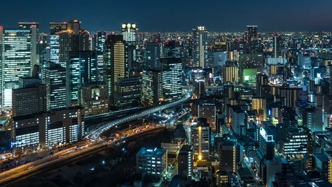 Time-lapse night view of Osaka skyline from Umeda Sky building observatory Stock Footage 127613758